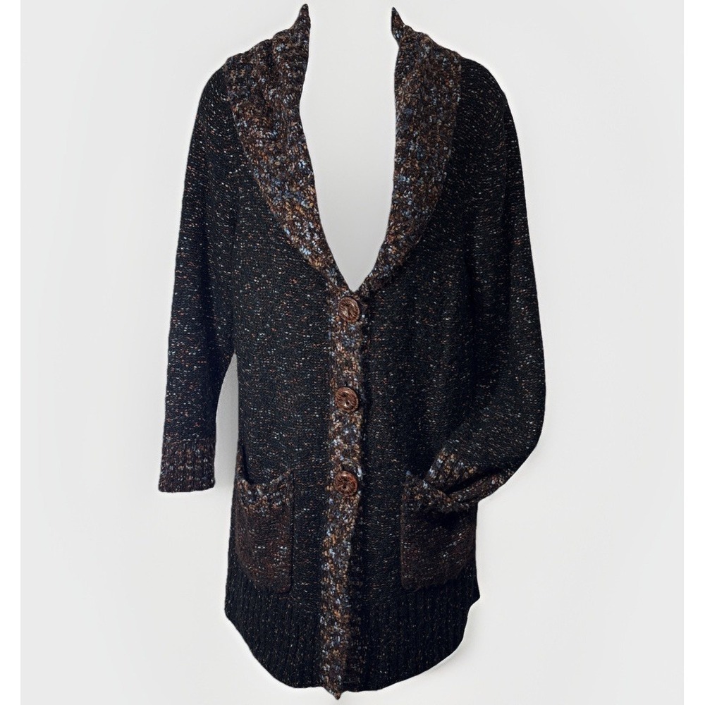 Curio‎ Cardigan Sweater Women's Size M Black Brown Multi-Color Nubby Knit Cozy